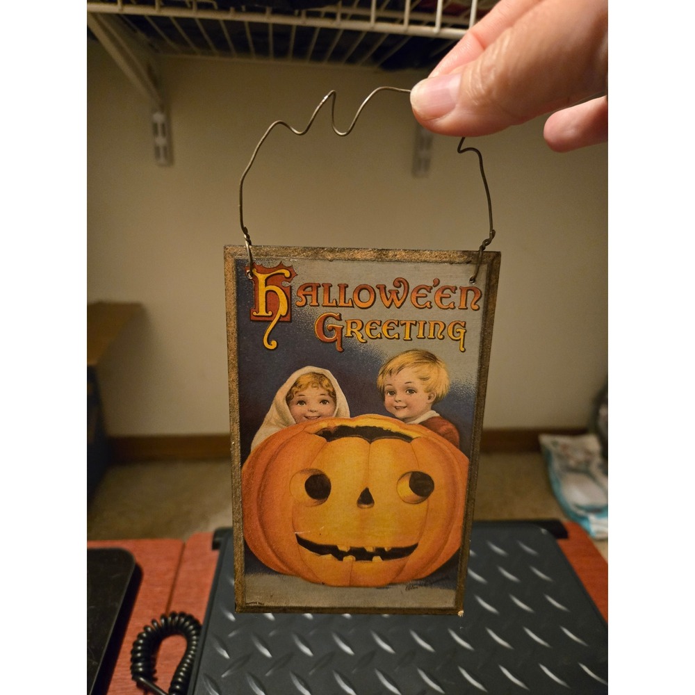 Vintage Halloween Greeting Wooden Hanging‎ Sign Primitive Jack O Lantern Decor